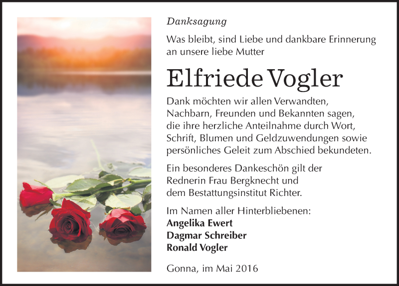  Traueranzeige für Elfriede Vogler vom 04.06.2016 aus Mitteldeutsche Zeitung Sangerhausen