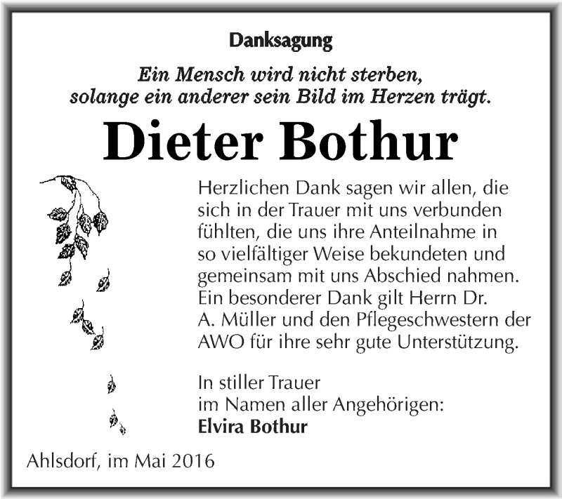  Traueranzeige für Dieter Bothur vom 01.06.2016 aus Wochenspiegel Mansfelder Land