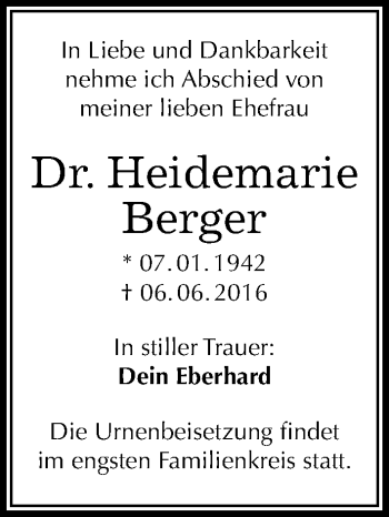 Traueranzeige von Heidemarie Berger von Mitteldeutsche Zeitung Halle/Saalkreis