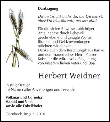 Traueranzeige von Herbert Weidner von WVG - Wochenspiegel Dessau / Köthen