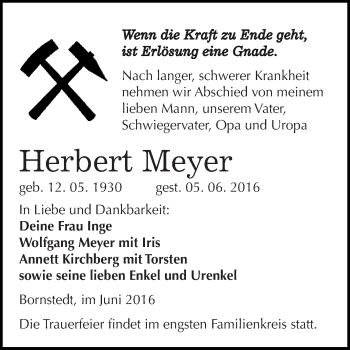 Traueranzeige von Herbert Meyer von Wochenspiegel Mansfelder Land