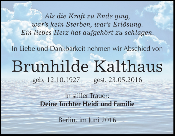 Traueranzeige von Brunhilde Kalthaus von Super Sonntag SGH Mansf. Land