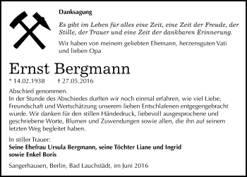 Traueranzeige von Ernst Bergmann von Mitteldeutsche Zeitung Sangerhausen
