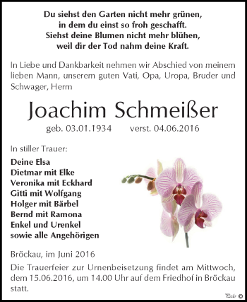 Traueranzeige von Joachim Schmeißer von Super Sonntag Zeitz