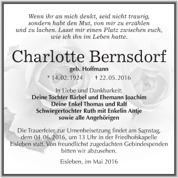 Traueranzeige von Charlotte Bernsdorf von Wochenspiegel Mansfelder Land