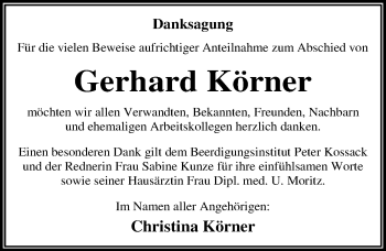 Traueranzeige von Gerhard Körner von Mitteldeutsche Zeitung Dessau-Roßlau