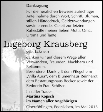 Traueranzeige von Ingeborg Krausberg von Mitteldeutsche Zeitung Sangerhausen