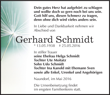 Traueranzeige von Gerhard Schmidt von Mitteldeutsche Zeitung Weißenfels