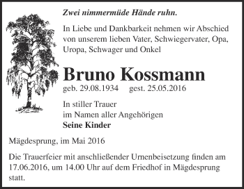 Traueranzeige von Bruno Kossmann von Super Sonntag Quedlinburg