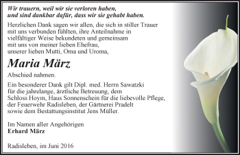 Traueranzeige von Maria März von Mitteldeutsche Zeitung Quedlinburg