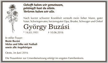 Traueranzeige von György Buzási von Wochenspiegel Mansfelder Land