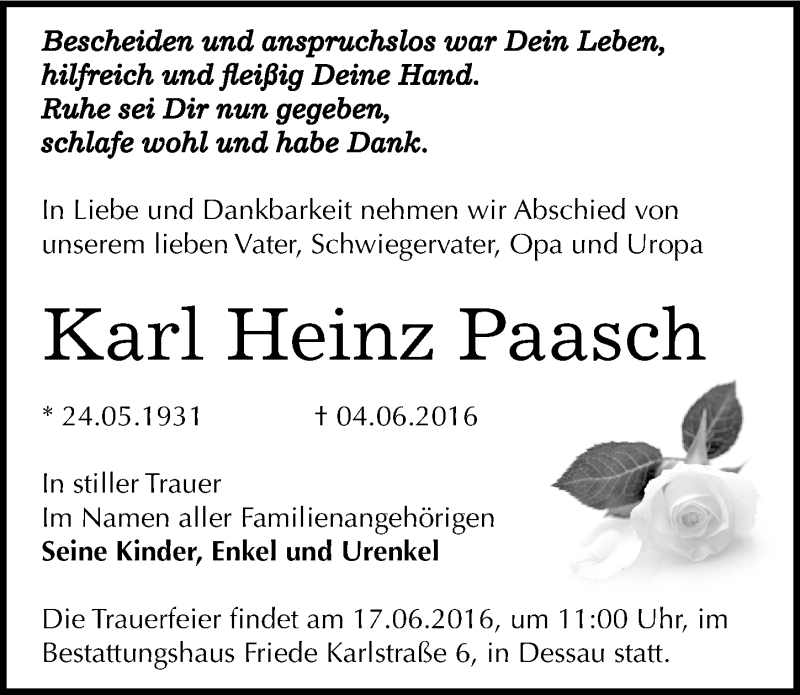  Traueranzeige für Karl Heinz Paasch vom 11.06.2016 aus Mitteldeutsche Zeitung Dessau-Roßlau