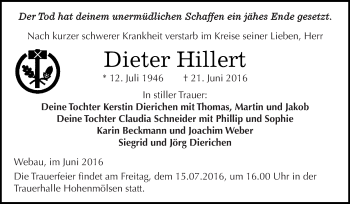 Traueranzeige von Dieter Hillert von WVG - Wochenspiegel NMB / WSF / ZTZ