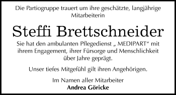 Traueranzeige von Steffi Brettschneider von Mitteldeutsche Zeitung Halle/Saalkreis