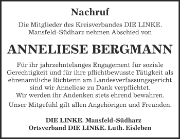 Traueranzeige von Anneliese Bergmann von Super Sonntag SGH Mansf. Land