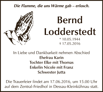 Traueranzeige von Bernmd Lodderstedt von WVG - Wochenspiegel Dessau / Köthen
