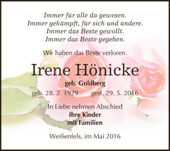 Traueranzeige von Irene Hönicke von WVG - Wochenspiegel NMB / WSF / ZTZ