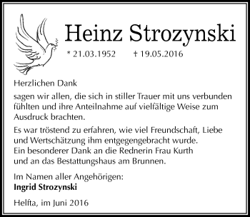 Traueranzeige von Heinz Strozynski von Mitteldeutsche Zeitung Mansfelder Land