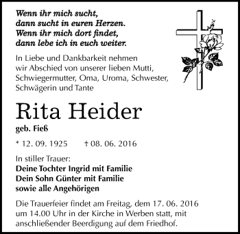 Traueranzeige von Rita Heider von Mitteldeutsche Zeitung Bitterfeld