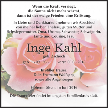 Traueranzeige von Inge Kahl von WVG - Wochenspiegel NMB / WSF / ZTZ