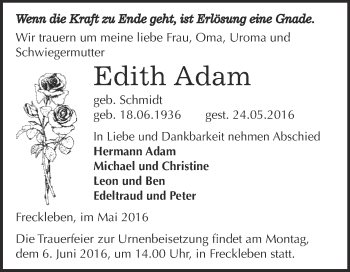 Traueranzeige von Edith Adam von Wochenspiegel Mansfelder Land