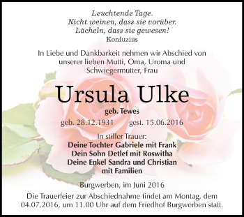 Traueranzeige von Ursula Ulke von WVG - Wochenspiegel NMB / WSF / ZTZ