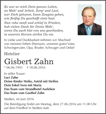Traueranzeige von Gisbert Zahn von Mitteldeutsche Zeitung Mansfelder Land