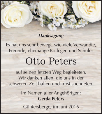 Traueranzeige von Otto Peters von WVG - Wochenspiegel Quedlinburg