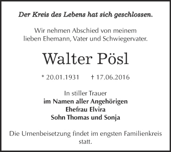 Traueranzeige von Walter Pösl von WVG - Wochenspiegel Dessau / Köthen