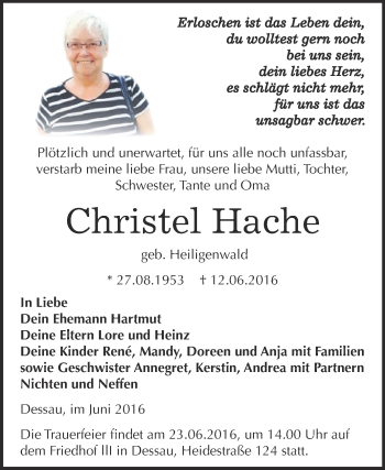 Traueranzeige von Christel Hache von WVG - Wochenspiegel Dessau / Köthen