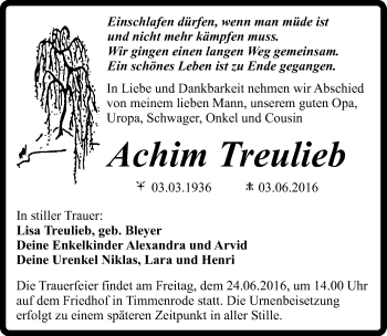 Traueranzeige von Achim Treulieb von Mitteldeutsche Zeitung Quedlinburg