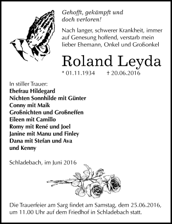 Traueranzeige von Roland Leyda von Mitteldeutsche Zeitung Merseburg/Querfurt
