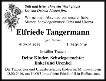 Traueranzeige von Elfriede Tangermann von Mitteldeutsche Zeitung Dessau-Roßlau