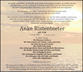 Traueranzeige von Anke Ristenbieter von Mitteldeutsche Zeitung Naumburg/Nebra