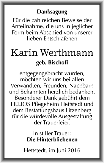Traueranzeige von Karin Werthmann von Mitteldeutsche Zeitung Mansfelder Land