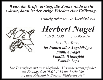 Traueranzeige von Herbert Nagel von WVG - Wochenspiegel Dessau / Köthen