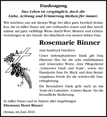 Traueranzeige von Rosemarie Binner von Mitteldeutsche Zeitung Dessau-Roßlau