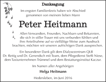 Traueranzeige von Peter Heitmann von WVG - Wochenspiegel Quedlinburg