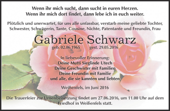 Traueranzeige von Gabriele Schwarz von WVG - Wochenspiegel NMB / WSF / ZTZ