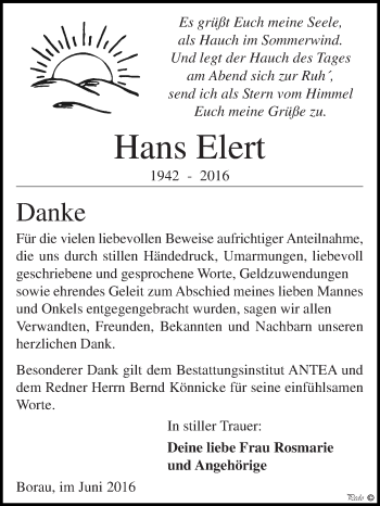 Traueranzeige von Hans Elert von WVG - Wochenspiegel NMB / WSF / ZTZ