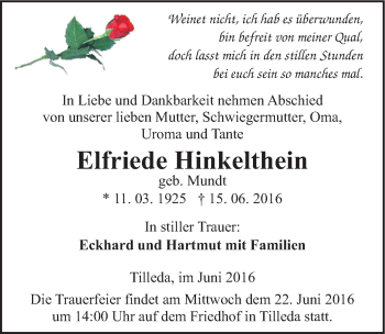 Traueranzeige von Elfriede Hinkelthein von Mitteldeutsche Zeitung Sangerhausen