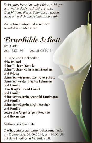 Traueranzeige von Brunhilde Schott von Super Sonntag Zeitz