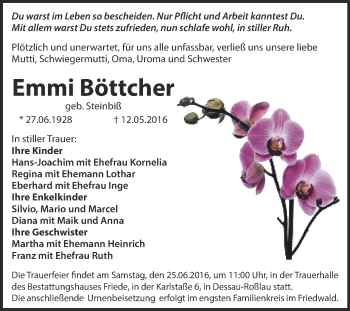 Traueranzeige von Emmi Böttcher von WVG - Wochenspiegel Dessau / Köthen