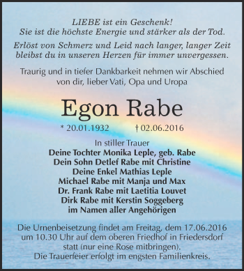 Traueranzeige von Egon Rabe von WVG - Wochenspiegel Bitterfeld