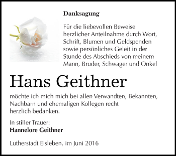 Traueranzeige von Hans Geithner von Wochenspiegel Mansfelder Land