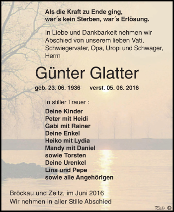 Traueranzeige von Günter Glatter von Super Sonntag Zeitz
