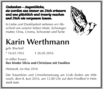 Traueranzeige von Karin Werthmann von Mitteldeutsche Zeitung Mansfelder Land