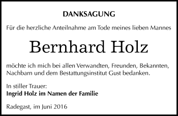 Traueranzeige von Bernhard Holz von Mitteldeutsche Zeitung Köthen