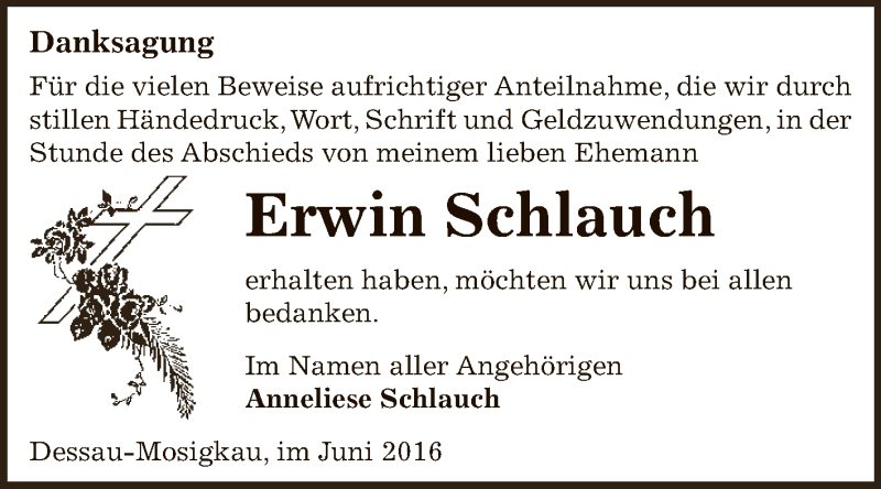  Traueranzeige für Erwin Schlauch vom 04.06.2016 aus WVG - Wochenspiegel Dessau / Köthen