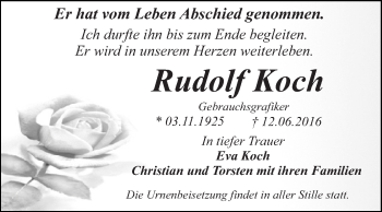 Traueranzeige von Rudolf Koch von WVG - Wochenspiegel Dessau / Köthen